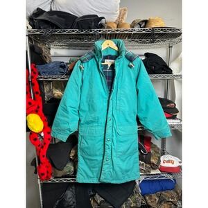 LL Bean Womens Teal Plaid Lined Hooded Parka Jacket Size S